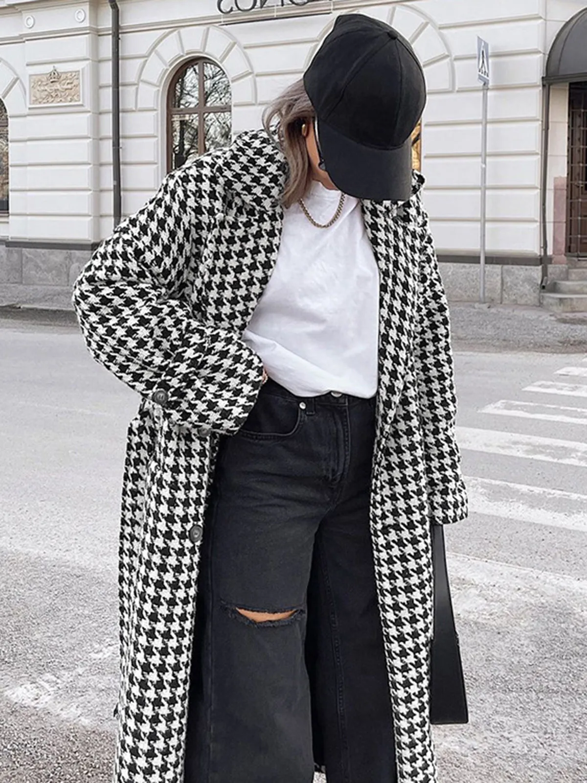Adele Houndstooth Tweed Trench Coat